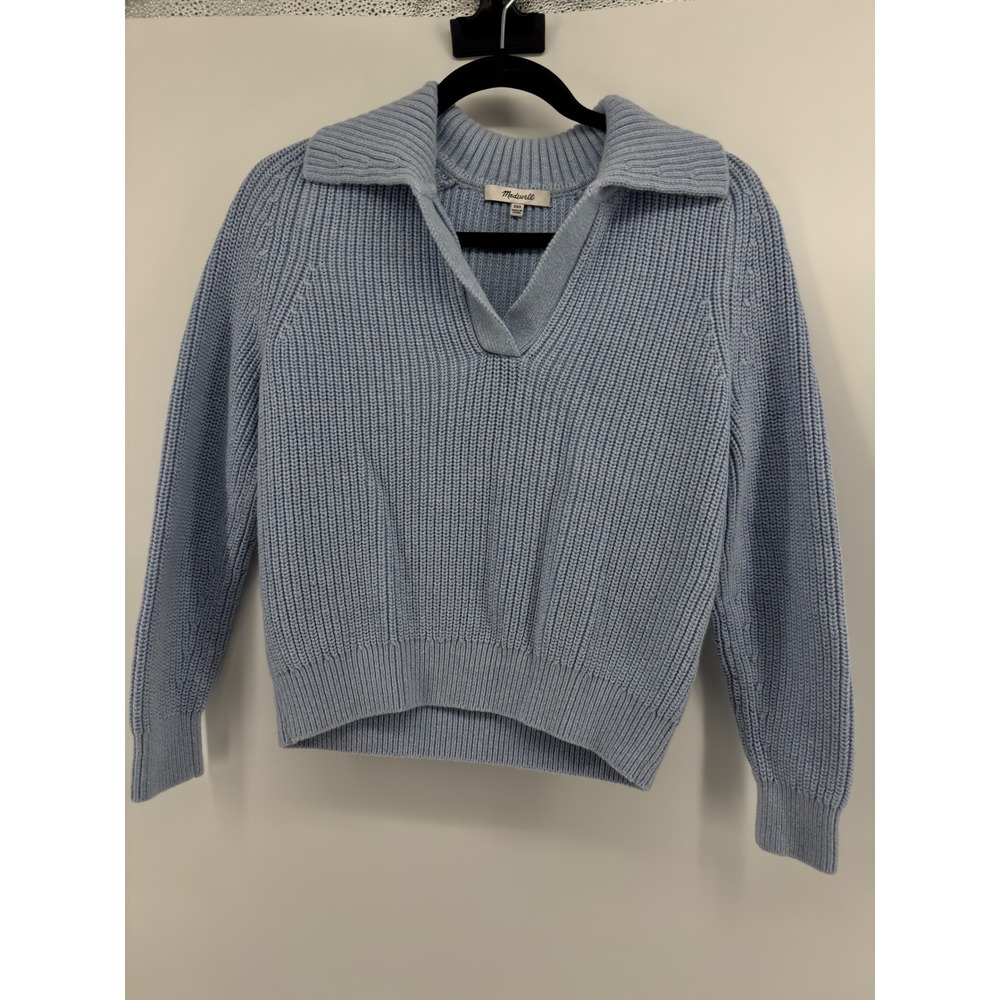 Madewell Shaker Rib Polo Sweater Light Blue V-Neck Knit Pullover XXS